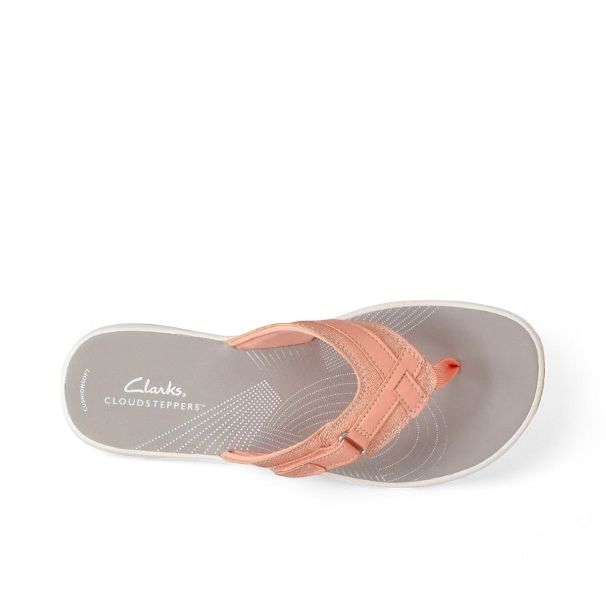 Sina Footwear Clarks Breeze Sea peach flip-flops with a lightweight sole and adjustable strap closure. Photo from on top.