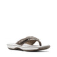 Clarks Breeze Sea pewter synthetic flip-flops with adjustable strap closure and lightweight white sole. front view.