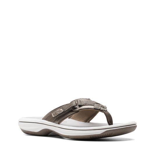 Clarks Breeze Sea pewter synthetic flip-flops with adjustable strap closure and lightweight white sole. front view.
