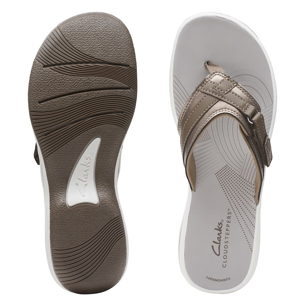 Clarks Breeze Sea black synthetic flip-flops with a lightweight sole and adjustable strap closure. top view.