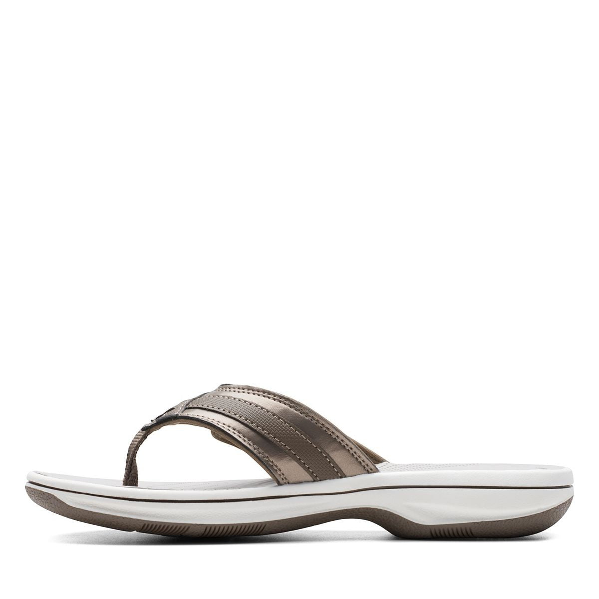 Clarks Breeze Sea black synthetic flip-flops with a lightweight sole and adjustable strap closure. left view.