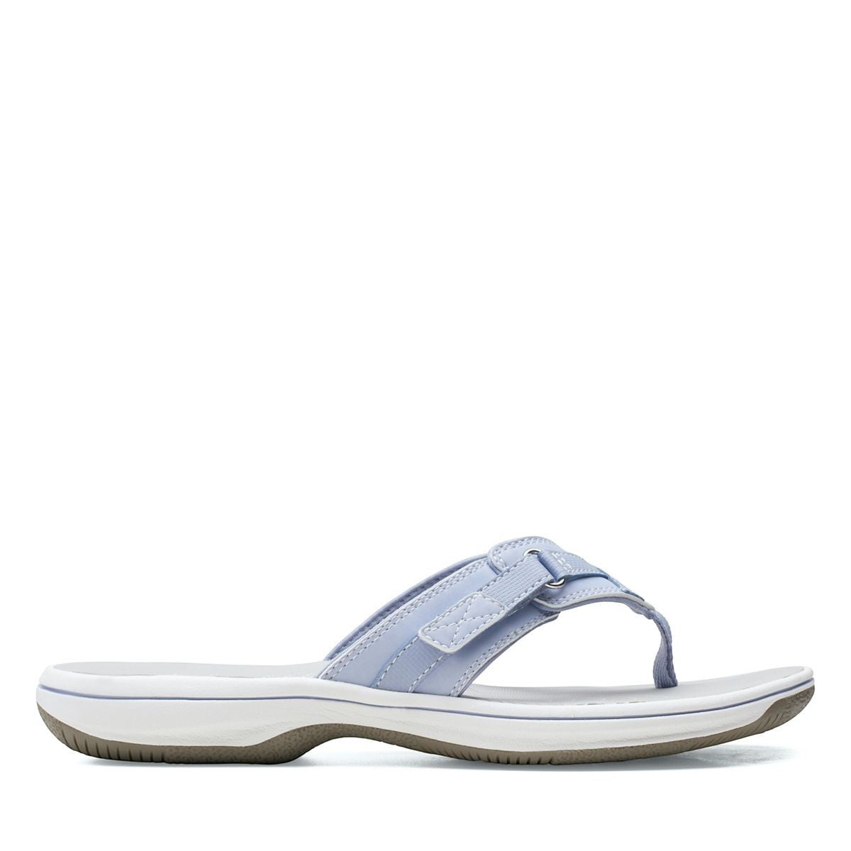 Clarks Breeze Sea flip-flops in powder blue with a lightweight sole and adjustable strap closure. right view