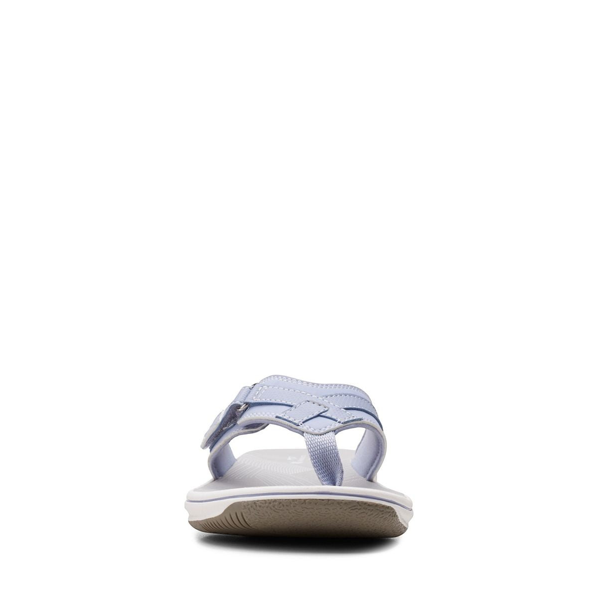 Clarks Breeze Sea flip-flops in powder blue with a lightweight sole and adjustable strap closure. front view.
