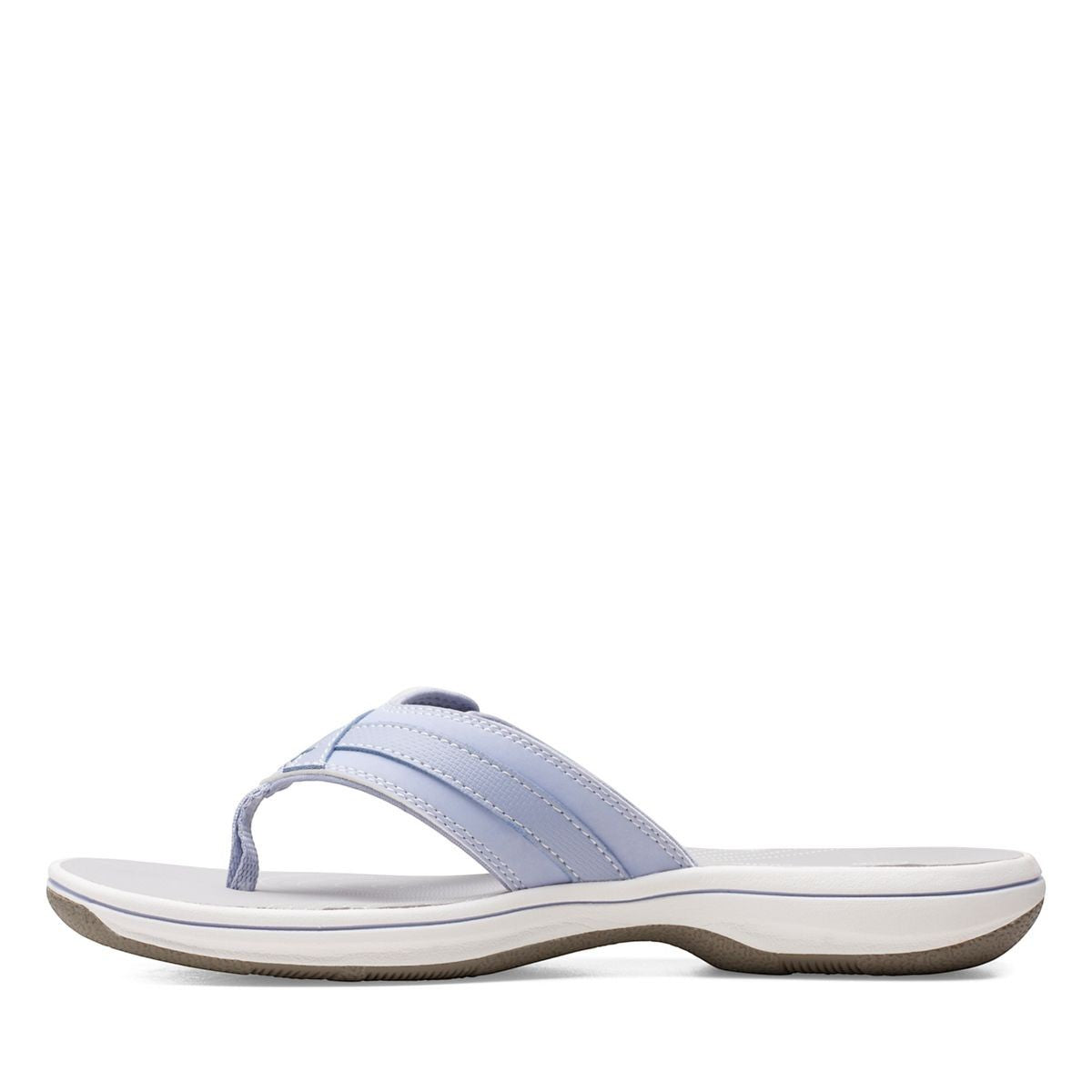 Clarks Breeze Sea flip-flops in powder blue with a lightweight sole and adjustable strap closure. left view.