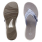 Clarks Breeze Sea flip-flops in powder blue with a lightweight sole and adjustable strap closure. top view.