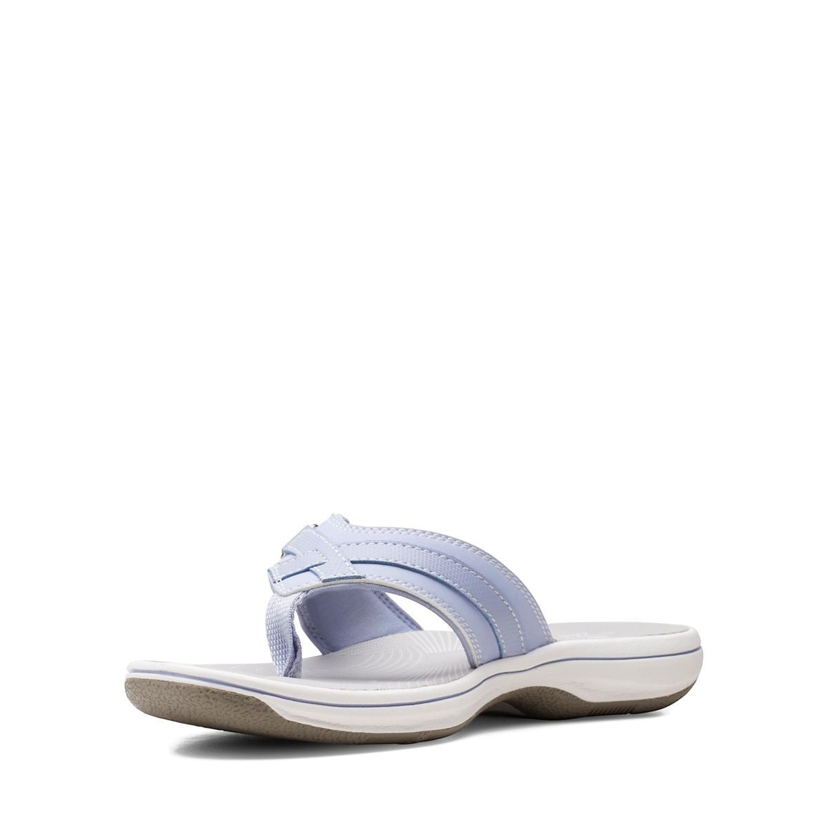 Clarks Breeze Sea flip-flops in powder blue with a lightweight sole and adjustable strap closure. front view.