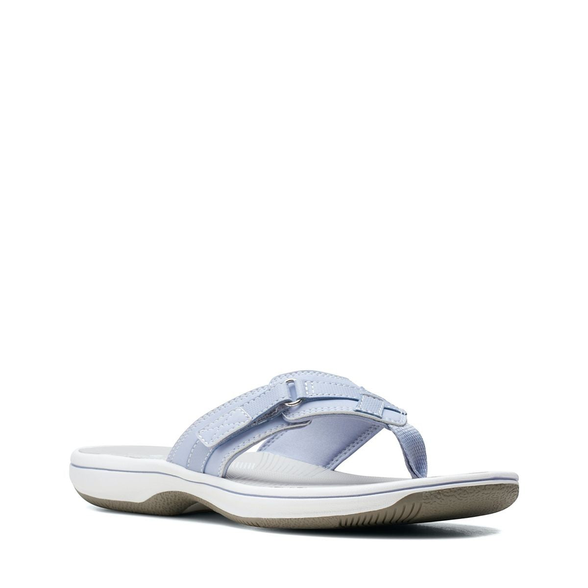 Clarks Breeze Sea flip-flops in powder blue with a lightweight sole and adjustable strap closure. right view.