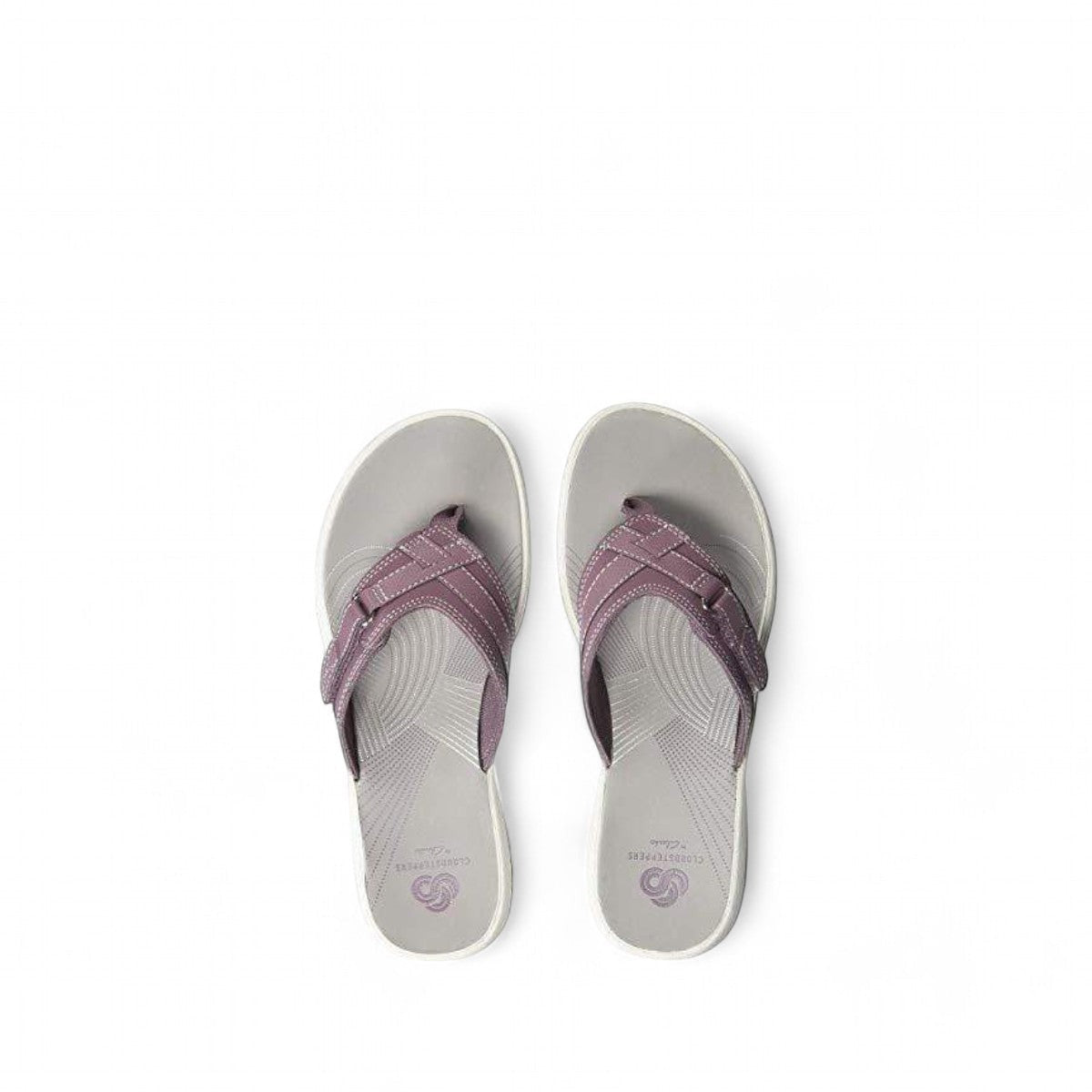 Sina Footwear Clarks Breeze Sea purple flip-flops with a lightweight sole and adjustable strap closure. Photo from above.