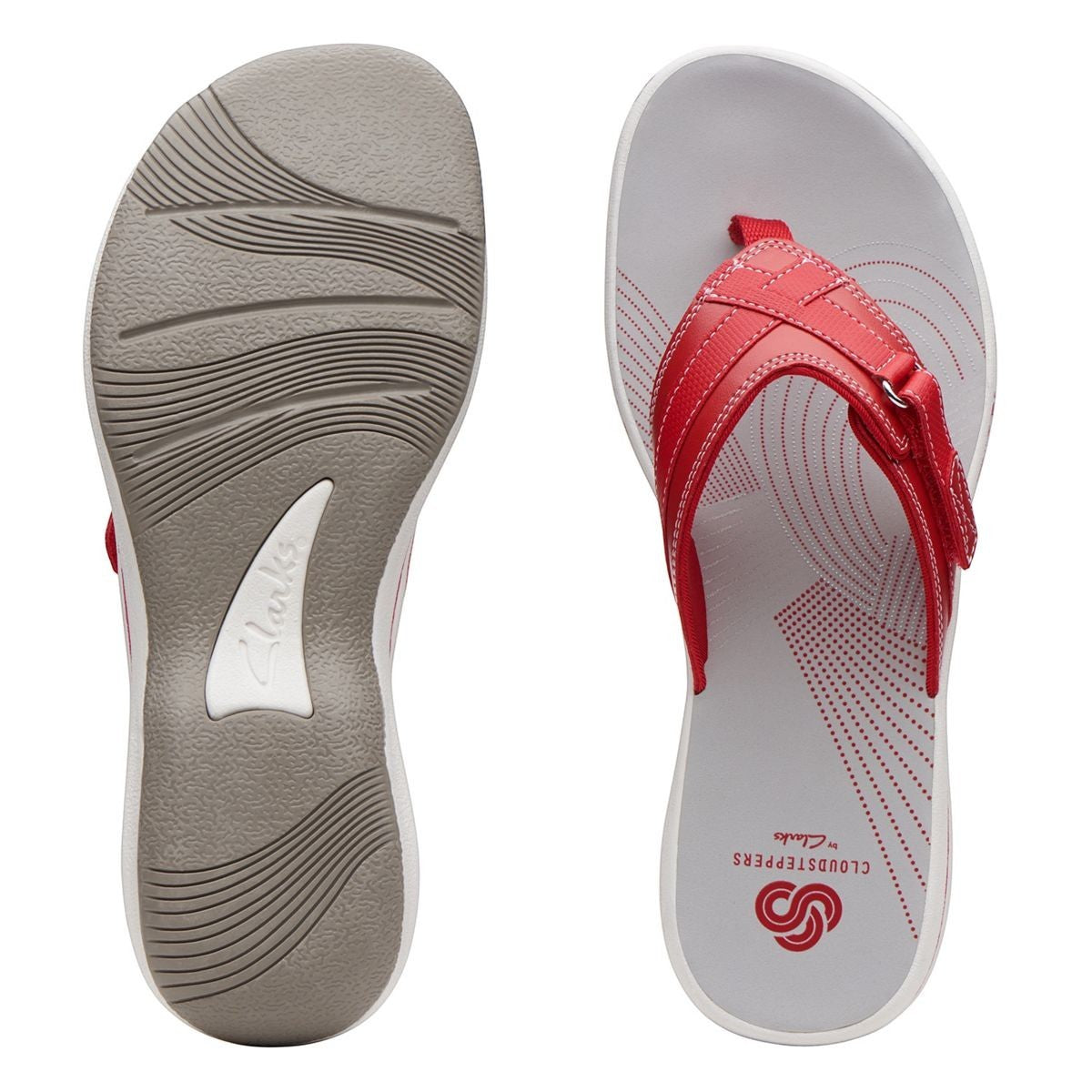 Clarks Breeze Sea red synthetic flip-flops with a lightweight sole and subtle strap closure. top view