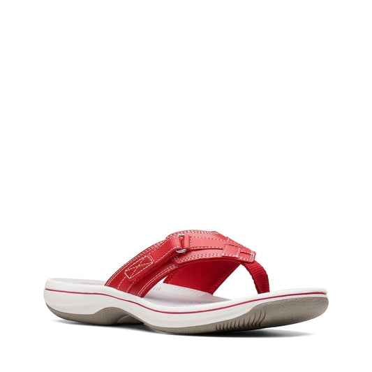 Clarks Breeze Sea red synthetic flip-flops with a lightweight sole and subtle strap closure. right view