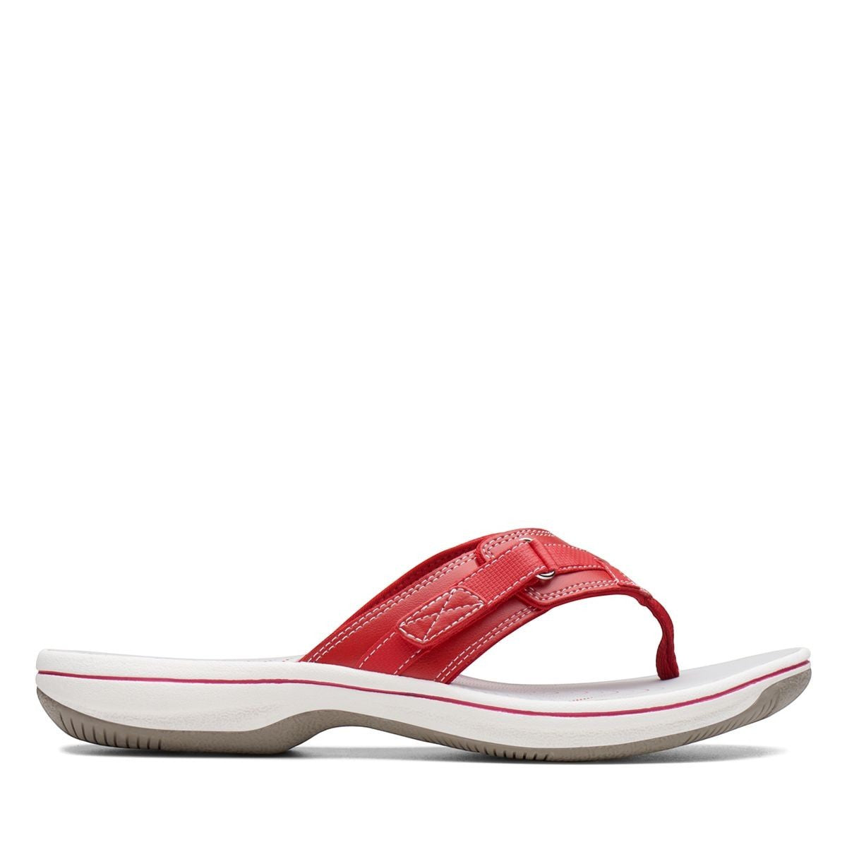 Clarks Breeze Sea red synthetic flip-flops with a lightweight sole and subtle strap closure. right view