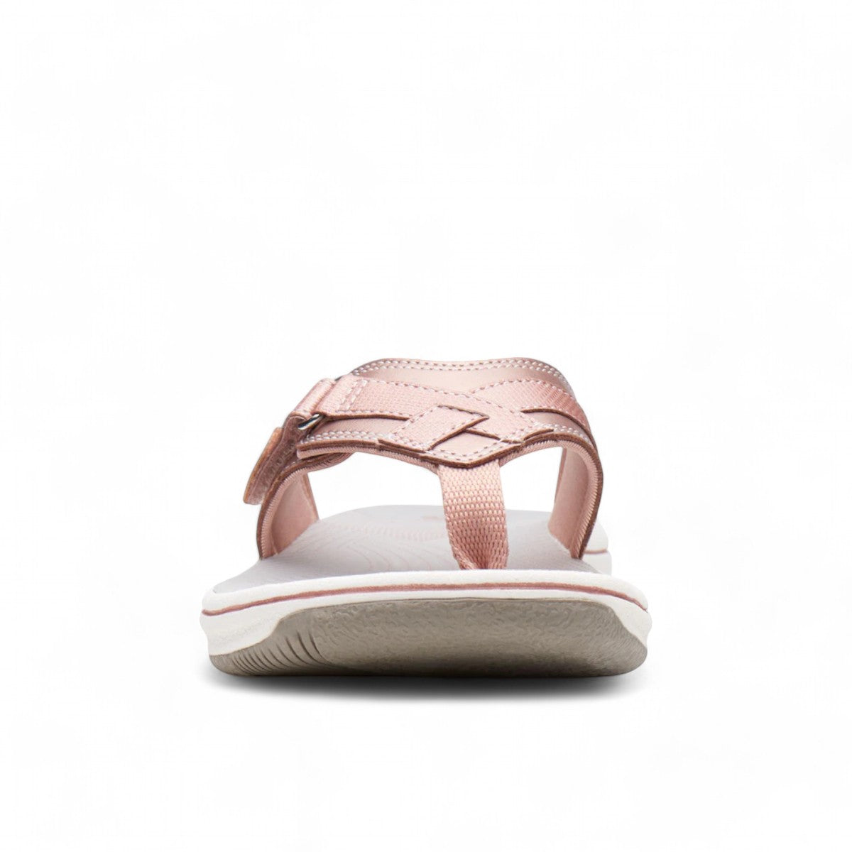 Clarks Breeze Sea rose gold flip-flop sandals with a lightweight sole and adjustable strap closure.
photo of the front.