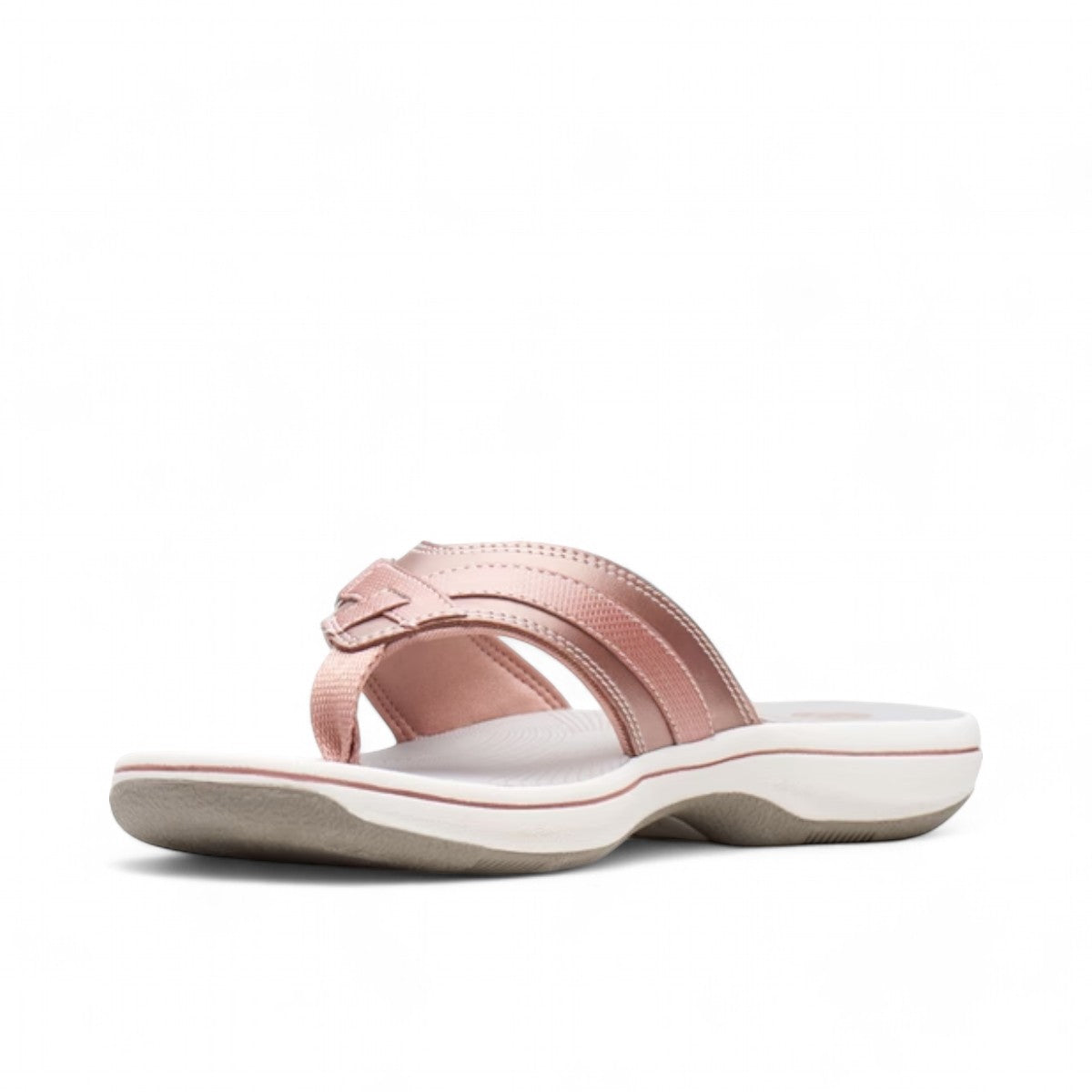 Clarks Breeze Sea rose gold flip-flop sandals with a lightweight sole and adjustable strap closure.
photo of the front.