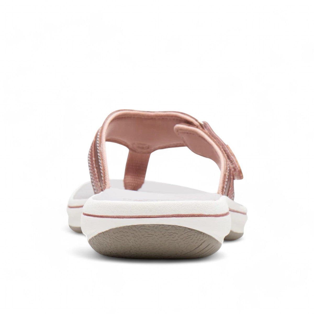 Clarks Breeze Sea rose gold flip-flop sandals with a lightweight sole and adjustable strap closure.
photo of the back.