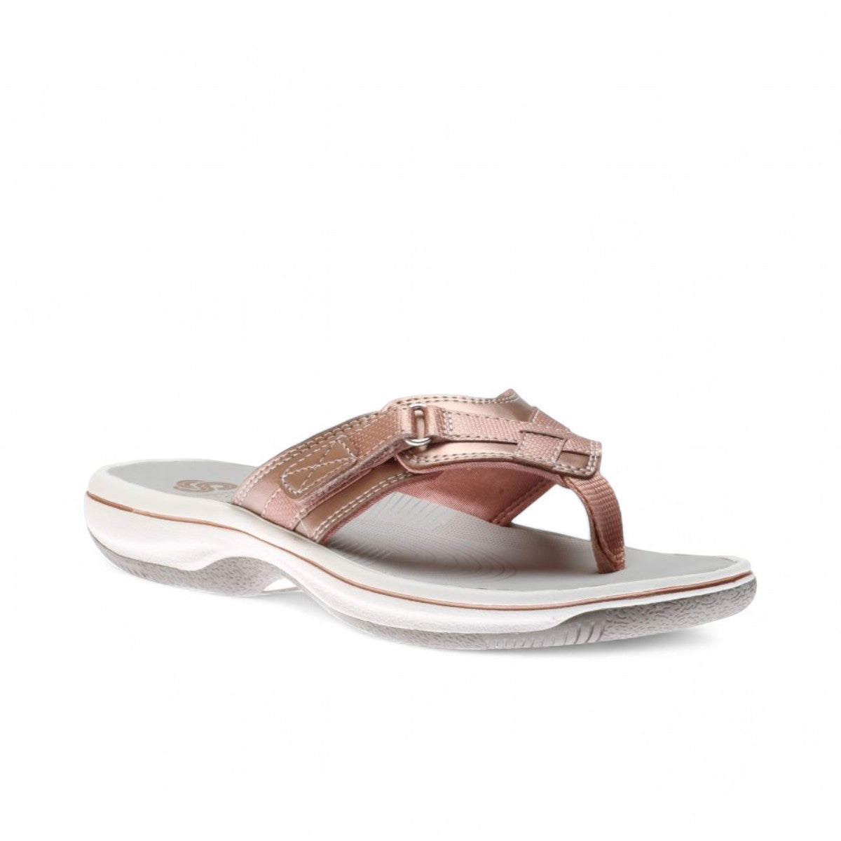 Clarks Breeze Sea rose gold flip-flop sandals with a lightweight sole and adjustable strap closure.
photo of the front.