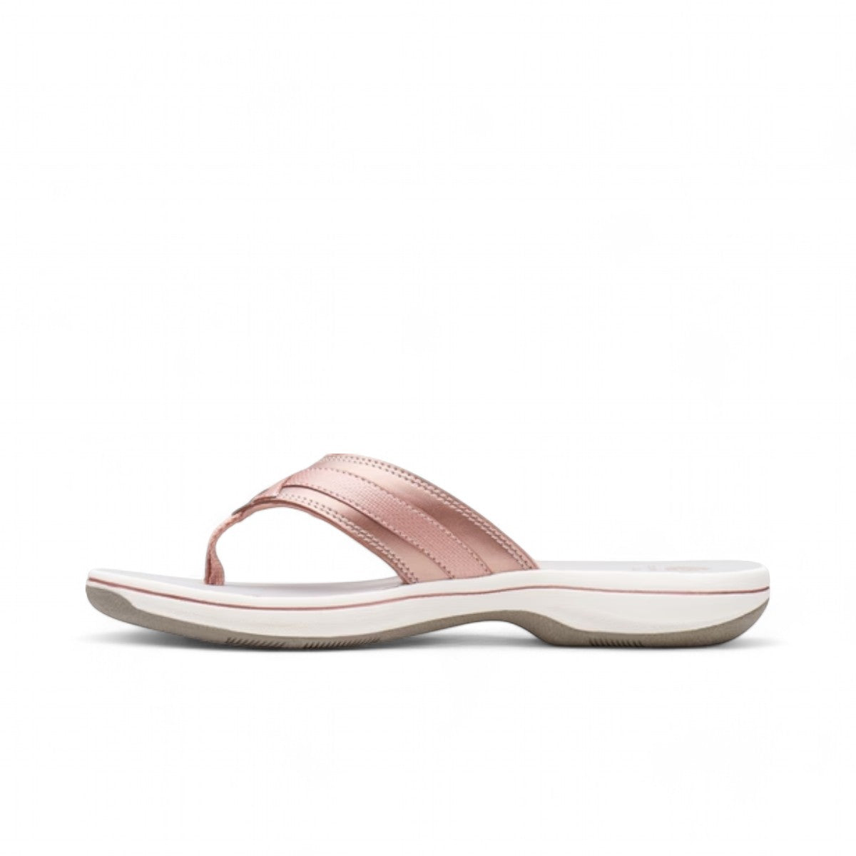 Clarks Breeze Sea rose gold flip-flop sandals with a lightweight sole and adjustable strap closure.
photo of the left side.