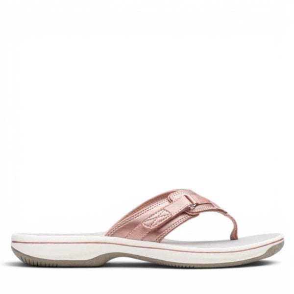 Clarks Breeze Sea rose gold flip-flop sandals with a lightweight sole and adjustable strap closure.
photo of the right side.