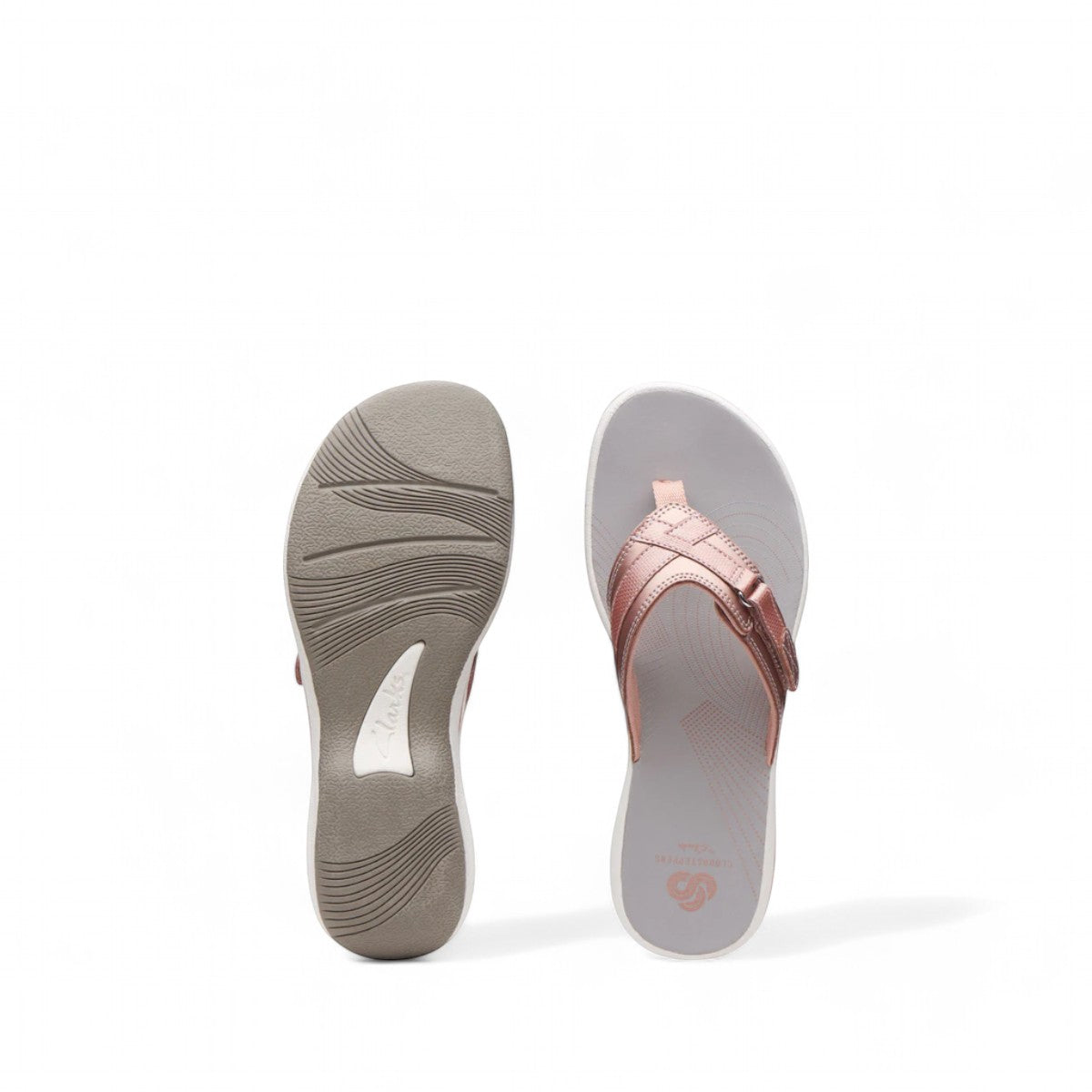 Clarks Breeze Sea rose gold flip-flop sandals with a lightweight sole and adjustable strap closure.
photo of the top.