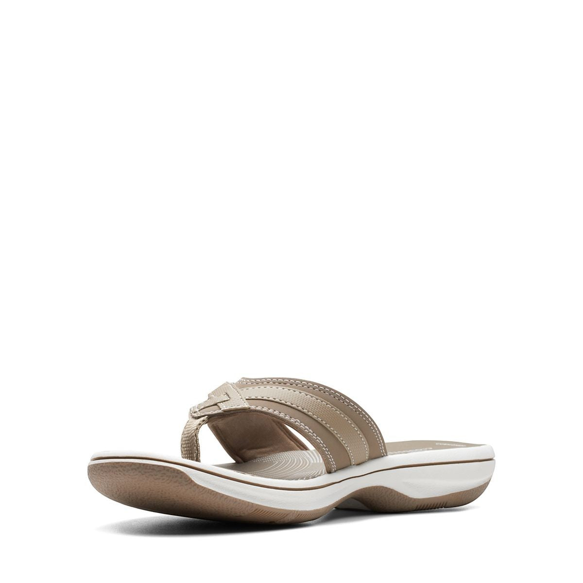 Clarks Breeze Sea taupe flip-flops with a lightweight sole and adjustable strap closure. left view.