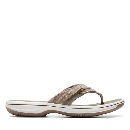 Clarks Breeze Sea taupe flip-flops with a lightweight sole and adjustable strap closure. right view.