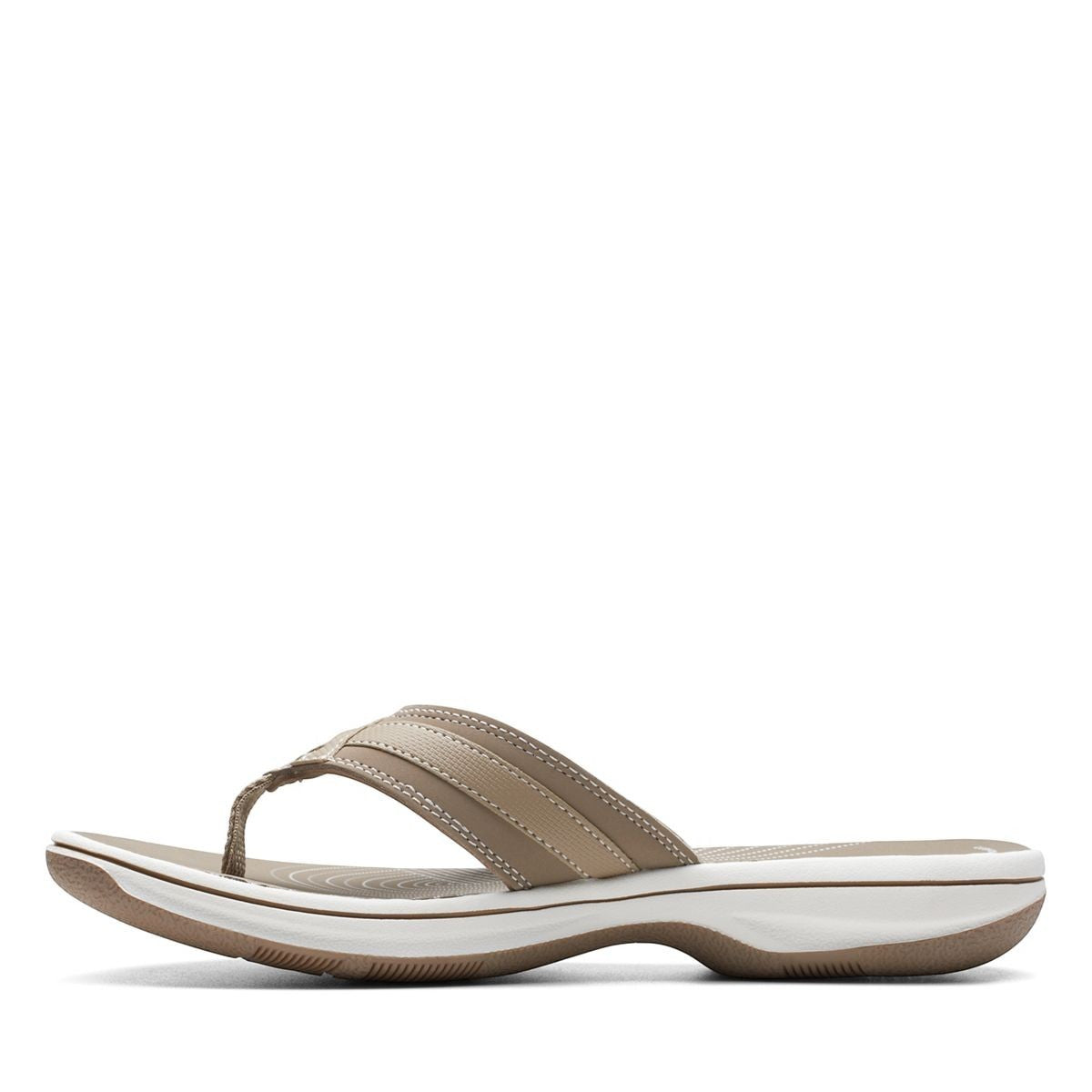 Clarks Breeze Sea taupe flip-flops with a lightweight sole and adjustable strap closure. left view.