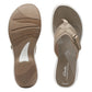 Clarks Breeze Sea taupe flip-flops with a lightweight sole and adjustable strap closure. top view.
