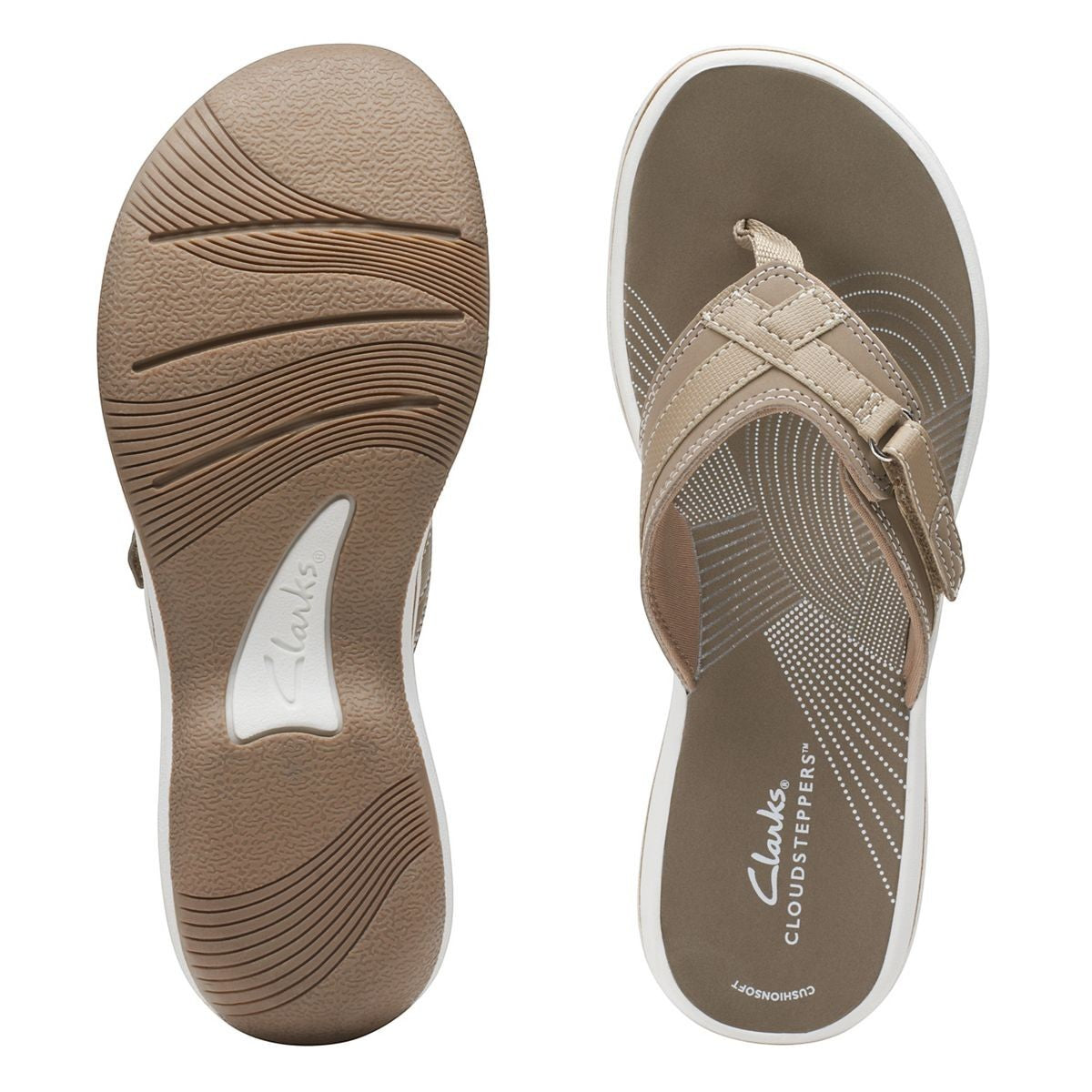 Clarks Breeze Sea taupe flip-flops with a lightweight sole and adjustable strap closure. top view.