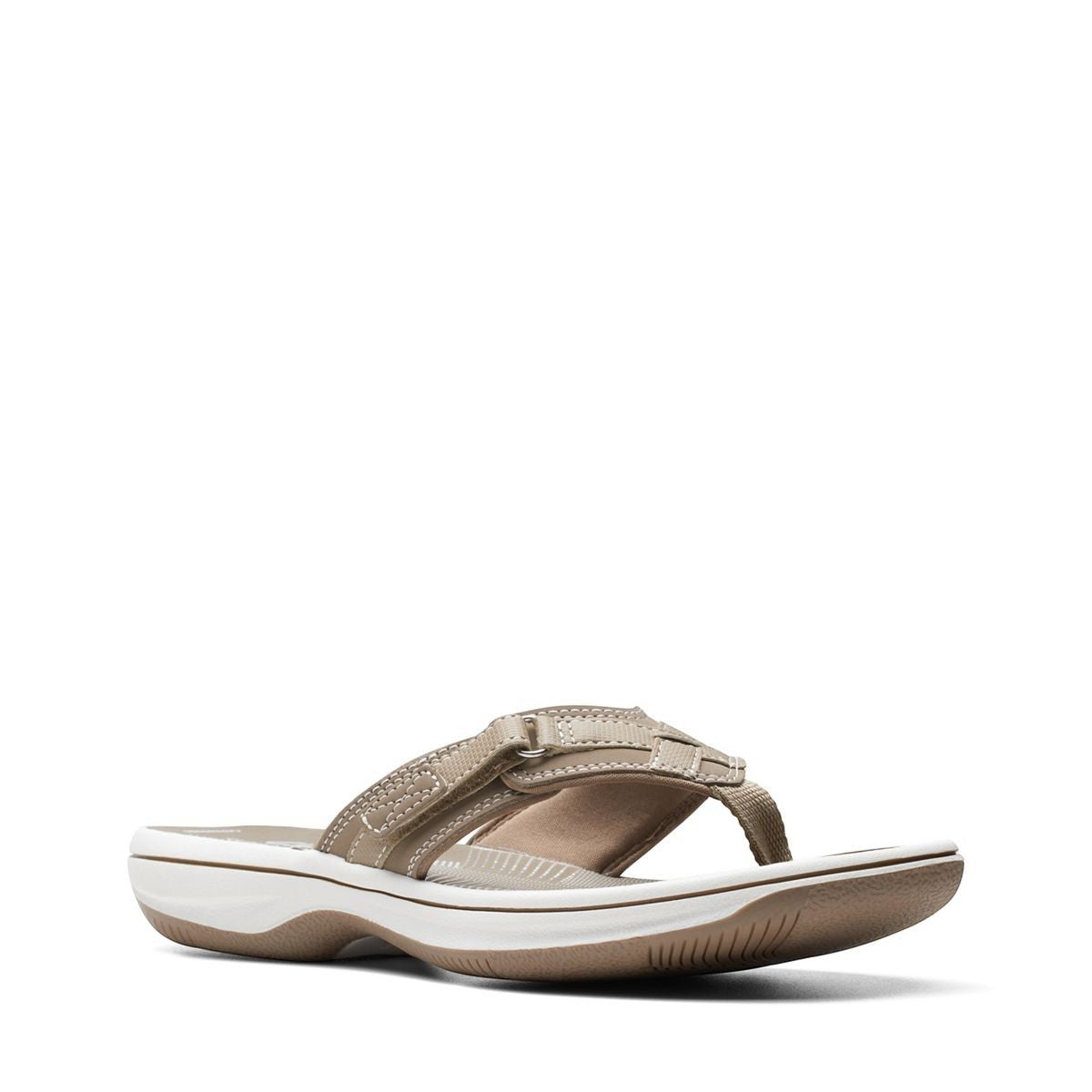 Clarks Breeze Sea taupe flip-flops with a lightweight sole and adjustable strap closure. right view.