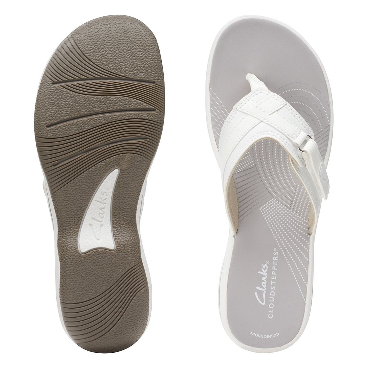 Clarks Breeze Sea white synthetic flip-flops with a subtle strap closure and lightweight sole. top view.