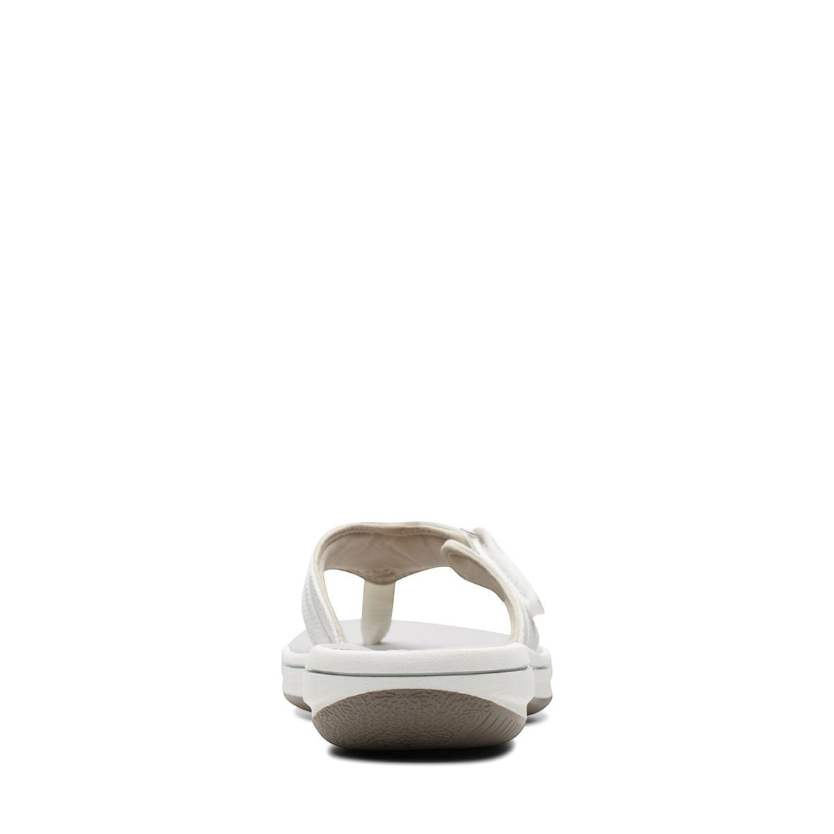 Clarks Breeze Sea white synthetic flip-flops with a subtle strap closure and lightweight sole. back view.