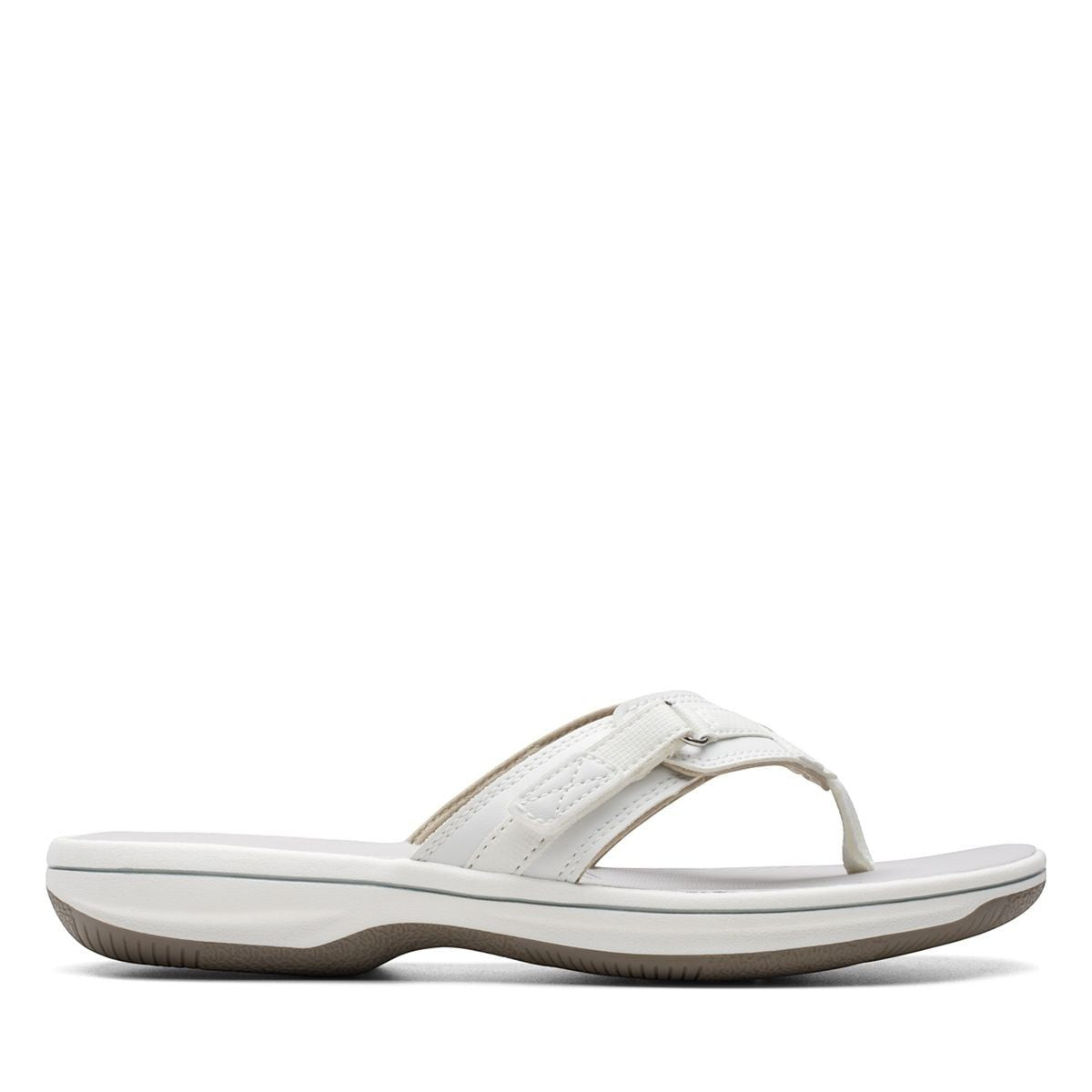 Clarks Breeze Sea white synthetic flip-flops with a subtle strap closure and lightweight sole. right view.