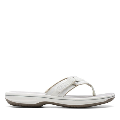 Clarks Breeze Sea white synthetic flip-flops with a subtle strap closure and lightweight sole. right view.
