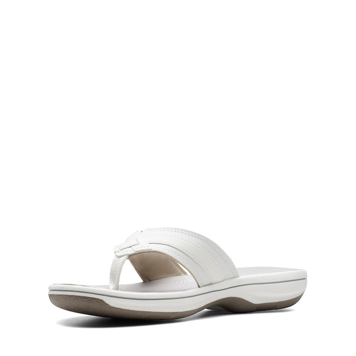 Clarks Breeze Sea white synthetic flip-flops with a subtle strap closure and lightweight sole. left view.