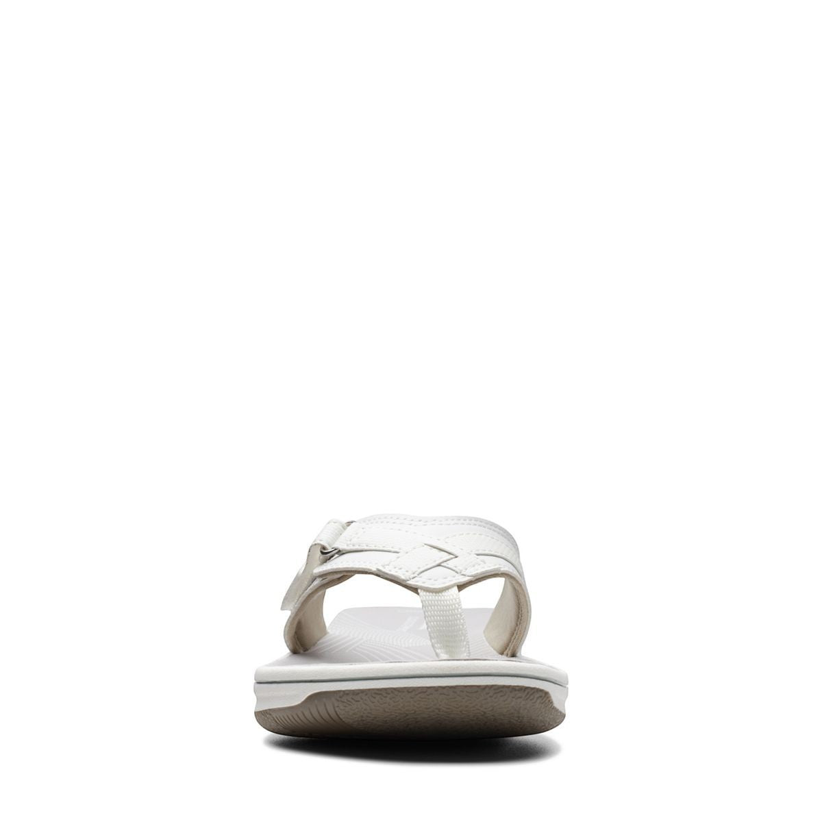 Clarks Breeze Sea white synthetic flip-flops with a subtle strap closure and lightweight sole. front view.