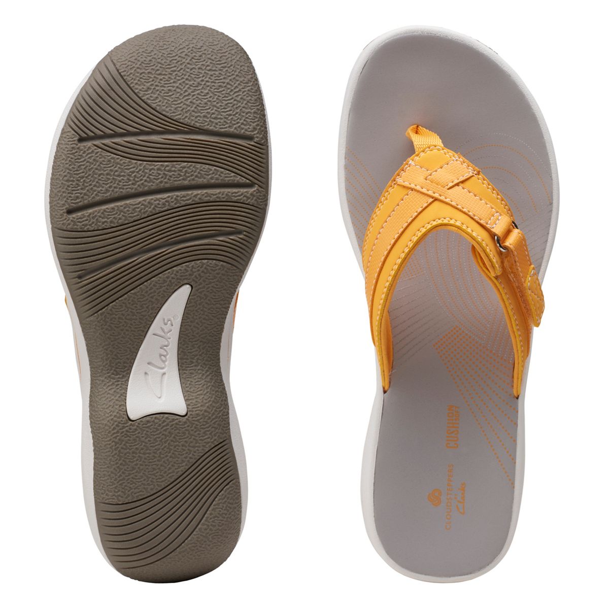 Clarks Breeze Sea flip-flops in burnt yellow with a lightweight sole and adjustable strap closure.  top view