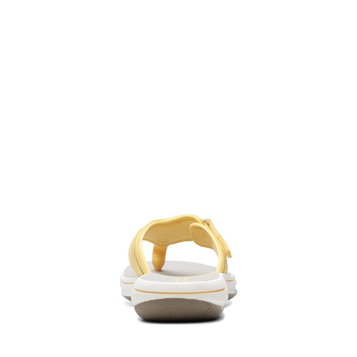 Clarks Breeze Sea yellow flip-flops with a lightweight sole and adjustable strap closure. back view.
