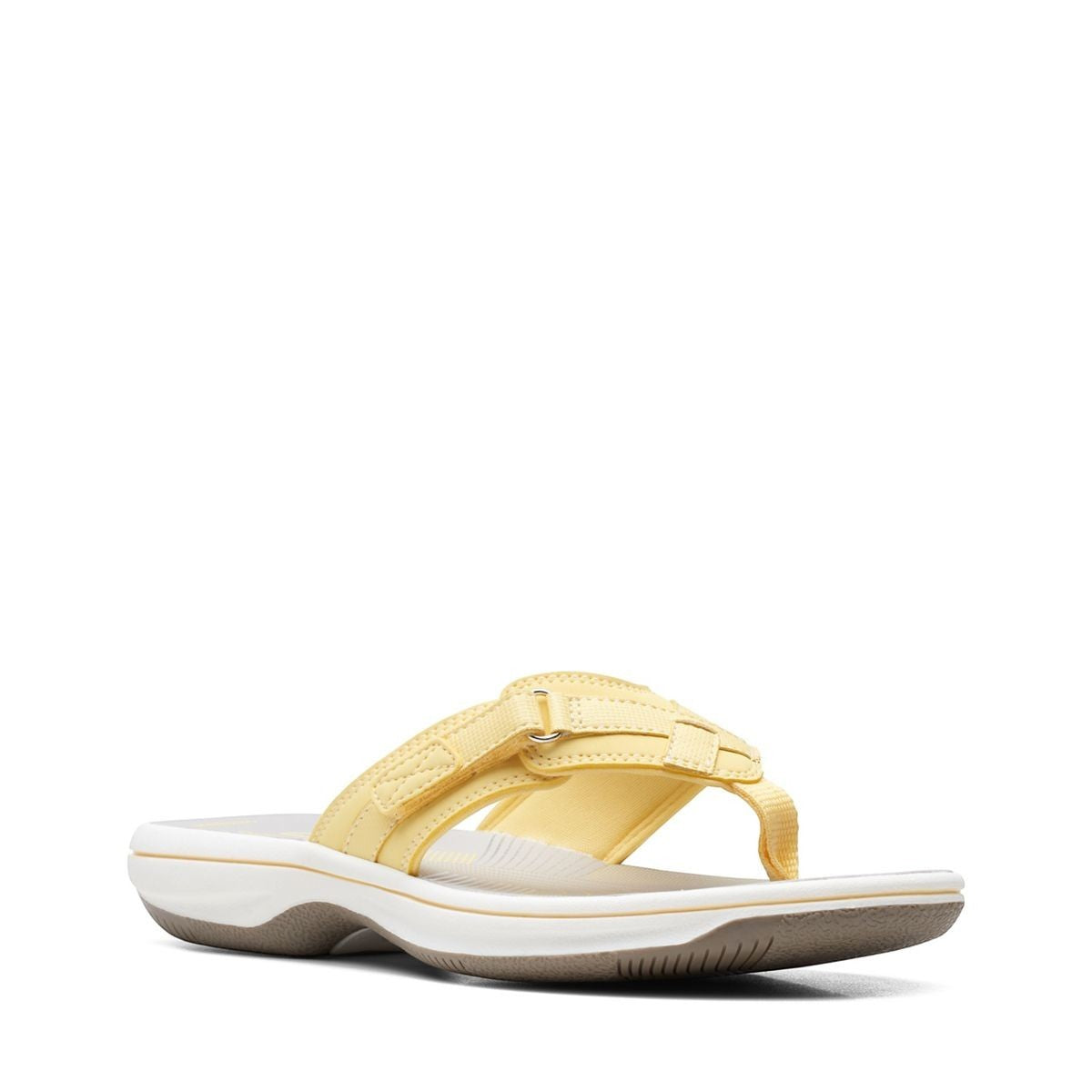 Clarks Breeze Sea yellow flip-flops with a lightweight sole and adjustable strap closure. front view.