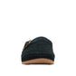 Clarks Brookleigh black suede mule with a gold buckle and textured rubber sole. photo of the front.