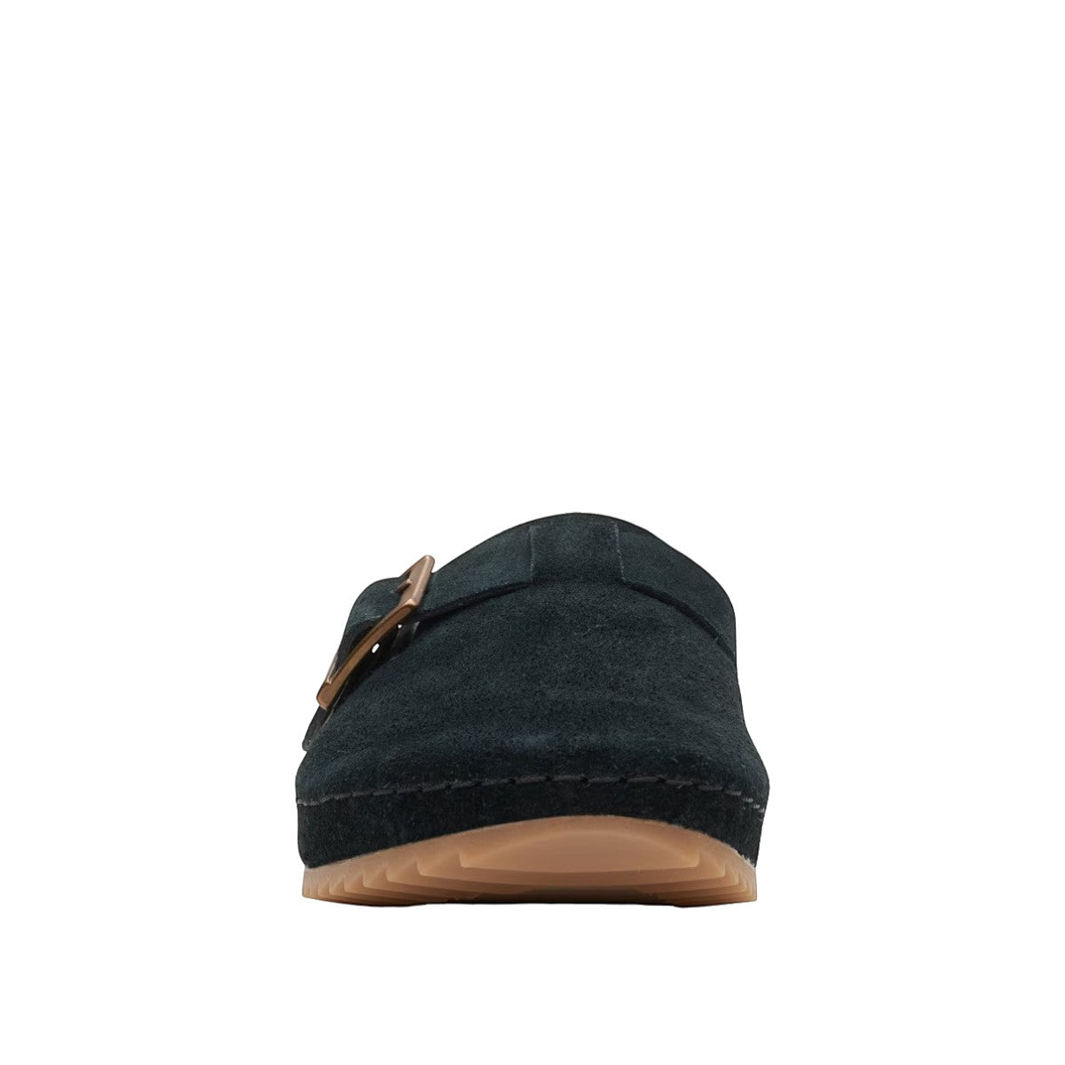 Clarks Brookleigh black suede mule with a gold buckle and textured rubber sole. photo of the front.