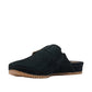 Clarks Brookleigh black suede mule with a gold buckle and textured rubber sole. photo of the left.