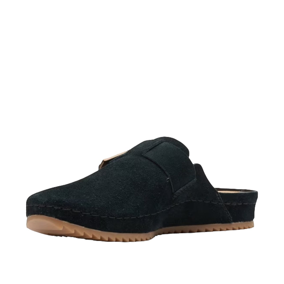 Clarks Brookleigh black suede mule with a gold buckle and textured rubber sole. photo of the left.