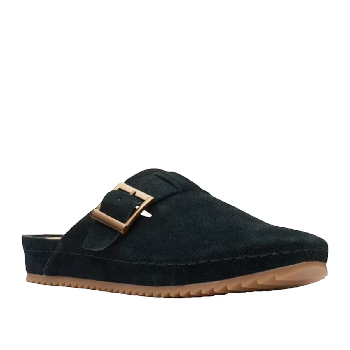 Clarks Brookleigh black suede mule with a gold buckle and textured rubber sole. photo of the front.
