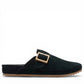 Clarks Brookleigh black suede mule with a gold buckle and textured rubber sole. photo of the right side.
