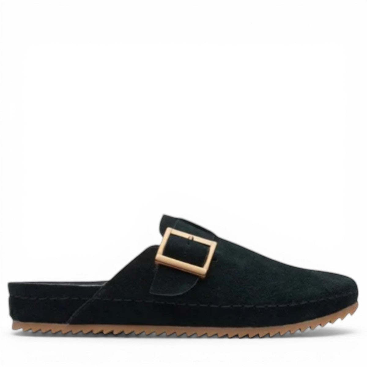 Clarks Brookleigh black suede mule with a gold buckle and textured rubber sole. photo of the right side.