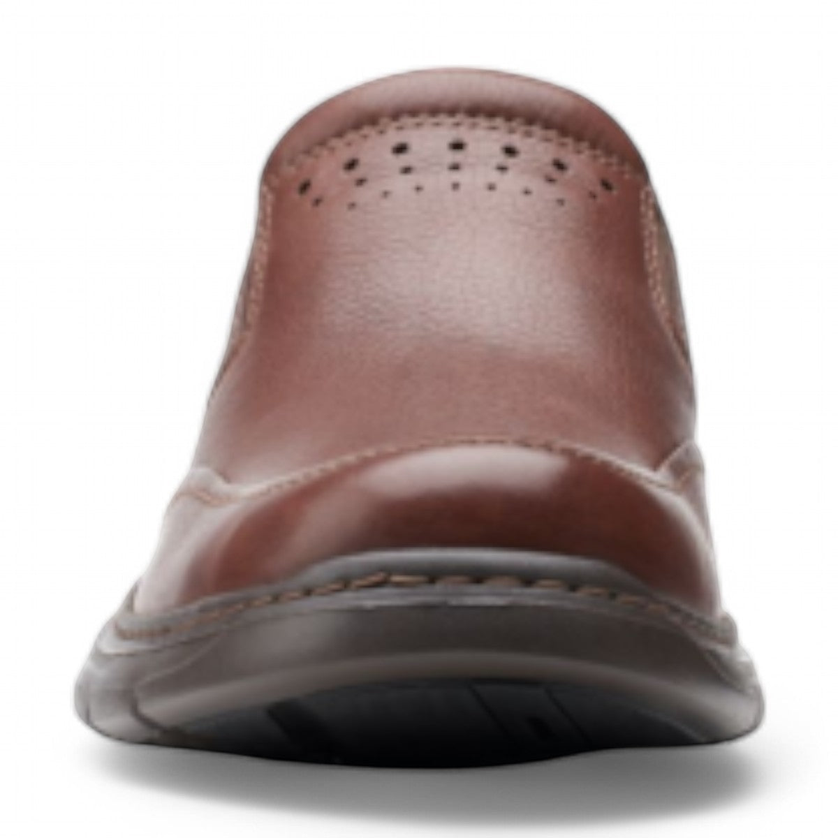 Clarks Un Brawley Step brown leather slip-on shoe with a rounded toe and textured rubber sole. photo of the front.