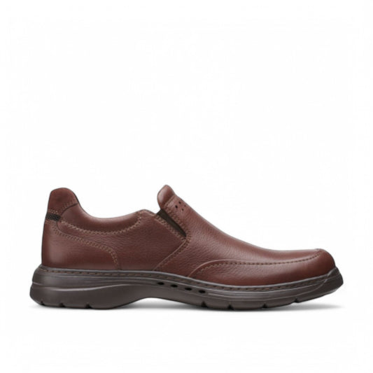 Clarks Un Brawley Step brown leather slip-on shoe with a rounded toe and textured rubber sole. photo of the right side.