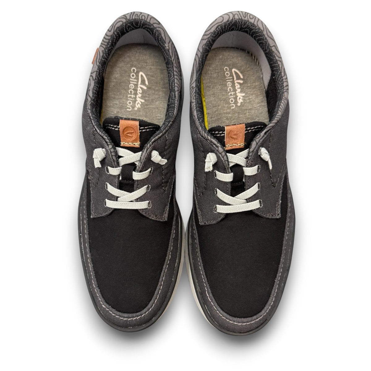 Clarks Cantal Low black canvas lace-up sneaker with a lightweight flexible EVA sole and patterned lining. top view