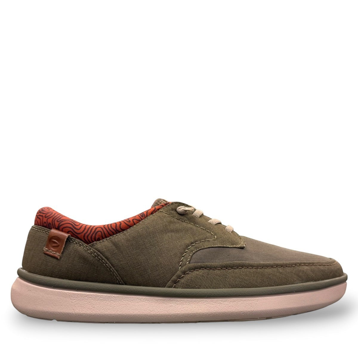Clarks Cantal Low olive canvas lace-up sneaker with a patterned collar and lightweight EVA sole. right view