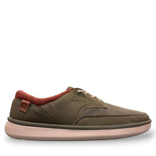 Clarks Cantal Low olive canvas lace-up sneaker with a patterned collar and lightweight EVA sole. right view