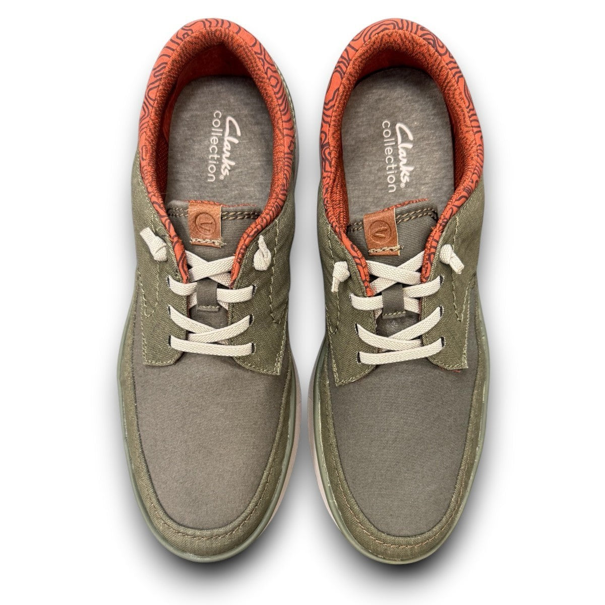 Clarks Cantal Low olive canvas lace-up sneaker with a patterned collar and lightweight EVA sole. top view